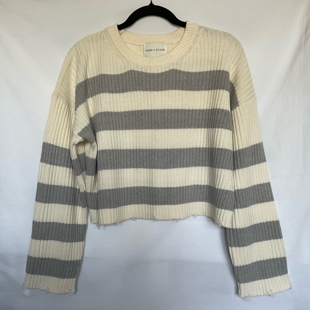 Gray and Cream Crew Neck Cropped Sweater